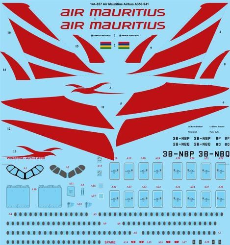 144-857 Air Mauritius A350-941 laser decal with screen print details