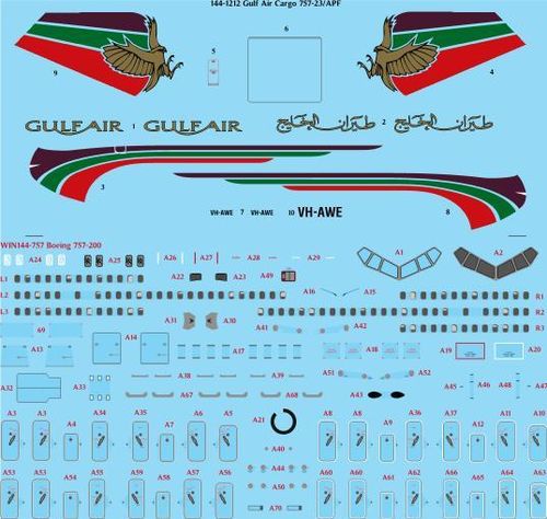 144-1212 Gulf Air Cargo 757-23/APF laser decal with screen print details - for Zvezda kit