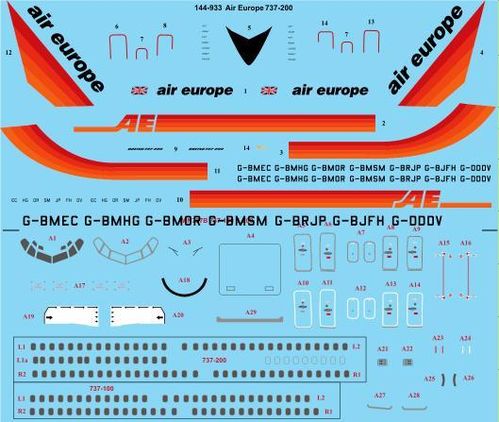 144-933 Air Europe 737-200 laser decal with screen print details