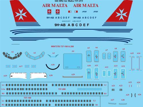 144-1092 Air Malta 737-2Y5 laser decal with screen print details
